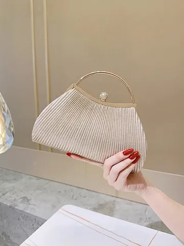 Elegant Pleated Glitter Evening Clutch Bag With Metal Circular Handle Rhinestone Ball Lock For Wedding Party Banquet