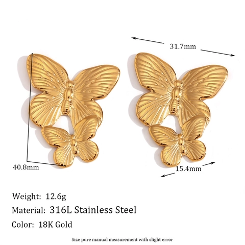 Exaggerated Stainless Steel Butterfly Hoop Earrings 18K Gold Plated Retro Niche Fashion Jewelry For Women Double Layer Design