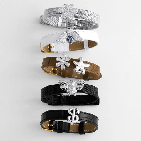 Zirconia Slider Charms Bracelet Stainless Steel Mesh Band Genuine Leather Strap Bee Sea Star Paw Fashion Jewelry