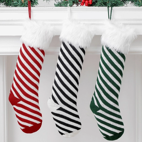 Weihnachtsstrümpfe Gestricktes Acryl Streifenmuster Mit Kunstpelz Manschette Große Geschenkhalter Kamin Feiertagsdeko