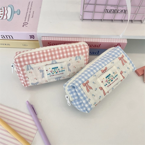 Gingham Pencil Case Large Capacity Floral Bow Stationery Pouch Polyester Cute Portable Desktop Storage Student Organizer