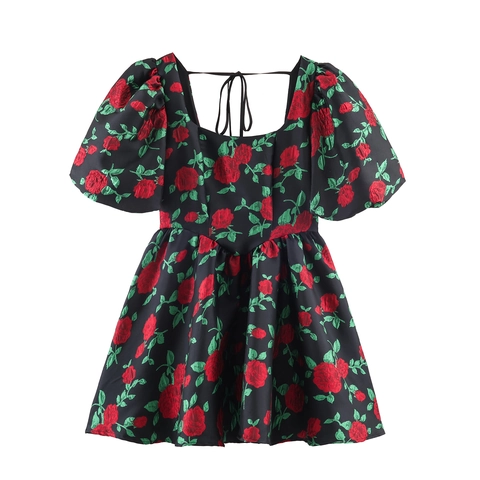 Vestito Mini Da Donna Con Scollo Quadrato E Maniche A Sbuffo Jacquard Floreale Stile Vintage Francese Schiena Scoperta