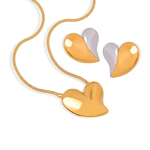 Set Di Collana E Orecchini Con Pendente A Cuore Acciaio Inossidabile Bicolore Catena A Serpente Gioielli Per Donna