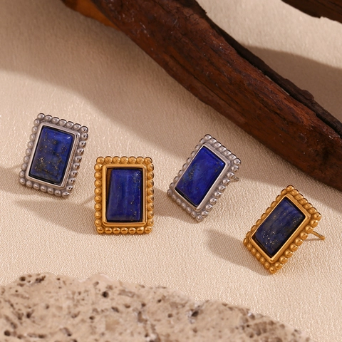 Vintage Stainless Steel Lapis Lazuli Rectangular Stud Earrings For Women 18K Gold Plated Beaded Geometric Retro Jewelry