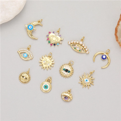 Evil Eye Sonne Mond Herz Charms Kupfer 14K Vergoldet Zirkon Künstliche Perle Emaille Für DIY Schmuckherstellung Anhänger