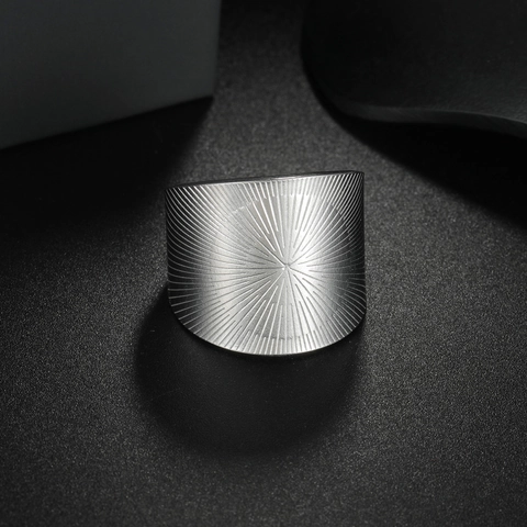 Geometric Wide Surface Stainless Steel Open Ring For Women 18K Gold Plated Radial Texture Sunburst Adjustable Finger Ring