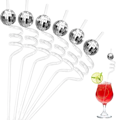 Disco Ball Drinking Straws Creative Plastic Spiral Straws With Silver Mirror Ball Pink Cowboy Hat For Bar Wedding Birthday Party Decorations