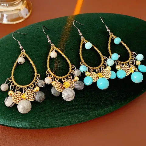 Retro Ethnic Water Drop Dangle Earrings With Turquoise Stone Beads Alloy Metal And Silver Earring Post For Women