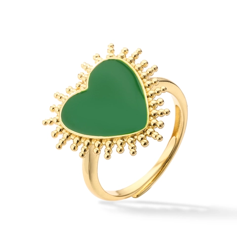 Heart Shaped Copper Adjustable Ring With Enamel Oil Drip And Radiating Beads Sunburst Design Vintage Jewelry For Women