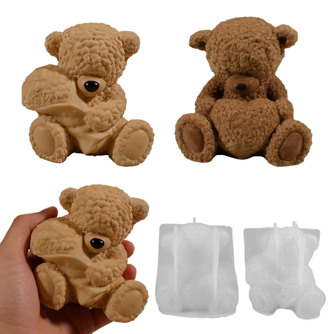 3D Teddy Bear Silicone Mold Furry Texture Holding Heart Bouquet For DIY Candle Resin Casting Soap Crafting Cake Decor
