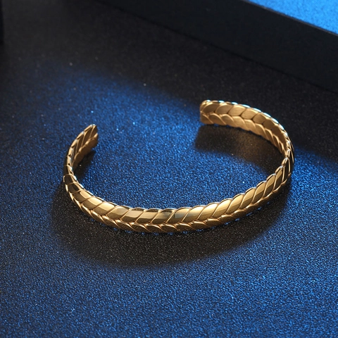 Retro Wheat Ear Cuff Bracelet Stainless Steel Braided Textured Open Bangle Minimalist Jewelry For Men Women