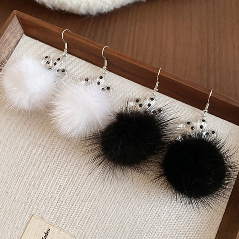 Pom Pom Dangle Earrings With Acrylic Flower Polka Dot Transparent Winter Fashion Silver Earring Post For Women