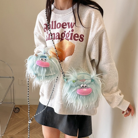 Monster Plush Crossbody Bag Faux Fur Ugly Cute Fuzzy Shoulder Purse With Monster Face For Women