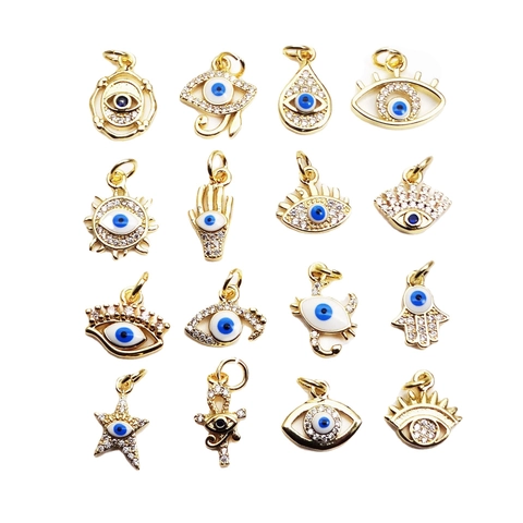 Evil Eye Hamsa Hand Small Pendants Copper Zircon Enamel Charms For DIY Jewelry Making Gold Plated Style
