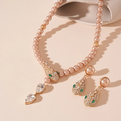 Set Di Gioielli Collana E Orecchini Con Künstliche Perle Di Imitazione Testa Di Serpente Cristallo Goccia Strass Stile Retrò Donna