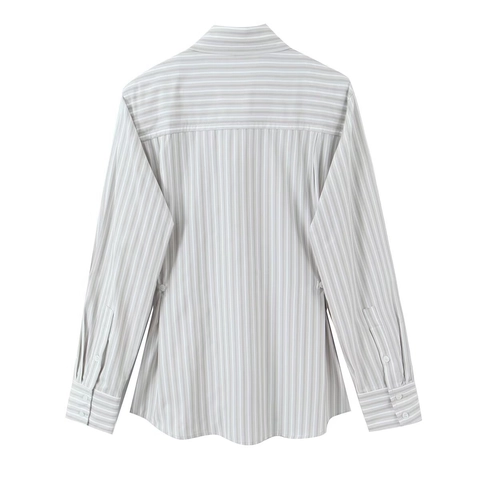Striped Blouse Long Sleeve Lapel Collar Button Down Casual Loose Shirt Women Polyester Shoulder Pads