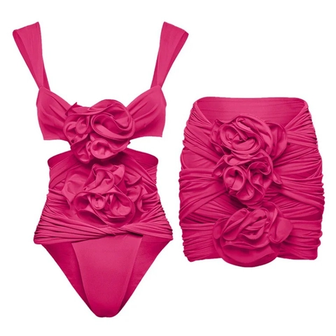 Monokini Arricciato Sexy E Minigonna Con Fiori Rosette 3D Cutout Schiena Scoperta Mare Donna Snellente