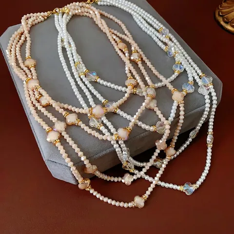 Mehrlagige Künstliche Perlenkette Mit Glaskristall Blumenakzent Retro Elegant Französischer Stil Damen Schmuck