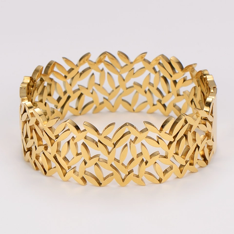 Bracciale a Polsino Largo in Acciaio Inossidabile 304 da Donna Placcato Oro Motivo a Foglia Cava Geometrico Gioielli
