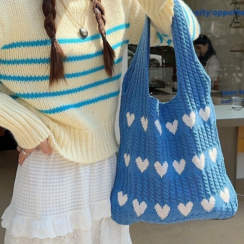 Borsa Tote In Maglia Con Motivo A Cuore Borsa A Spalla In Lana Morbida Da Donna Dolce Autunno Inverno Casual