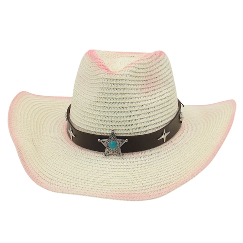 Western Cowboy Strohoed Gevlochten Brede Rand Zonbescherming Zomer Strand Retro Turquoise Ster Kunstlederen Band