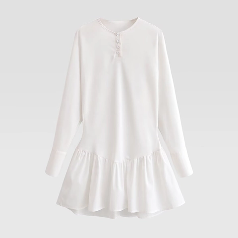 White Long Sleeve Henley Mini Dress With Ruffle Hem Round Neck Solid Polyester Elegant Casual For Women