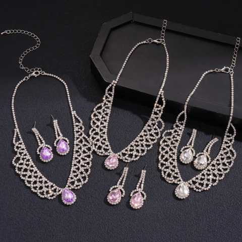 Vintage Wassertropfen Halskette Und Hängende Ohrringe Rheinkiesel Kupfer Gitter Schmuck Für Damen Hochzeit Party