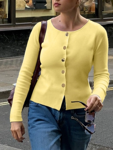 Damen Strickjacke Pullover Rundhals Langarm Einreihig Schmale Passform Einfarbig Lässiges Oberteil
