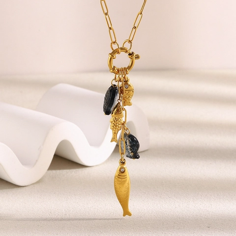 Fish Pendant Necklace 18K Gold Plated Stainless Steel Paperclip Chain Tassel Charms Trendy Jewelry For Women