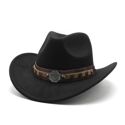Chapeau De Cowboy Western Vintage Feutre De Laine Style Ethnique Large Bord Fedora Avec Ceinture En Cuir Rivets Étoile Métal