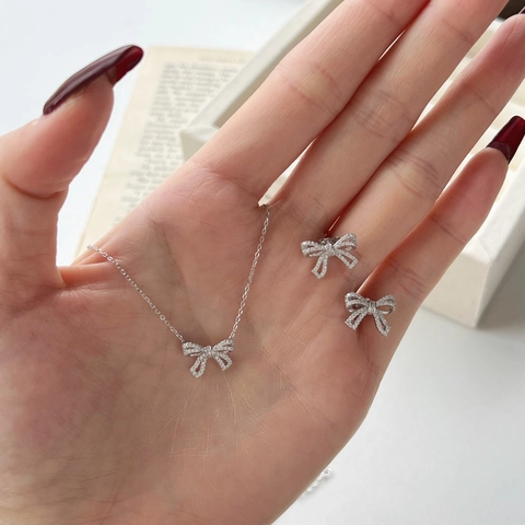 Bowknot Jewelry 925 Sterling Silver Necklace And Earrings With Sparkling Cubic Zirconia Elegant Fashion For Women