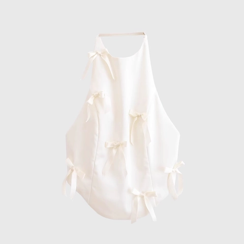 Top Halter In Satin Bianco Con Fiocchi Decorativi Schiena Scoperta Senza Maniche Sexy Dolce Crop Top Donna