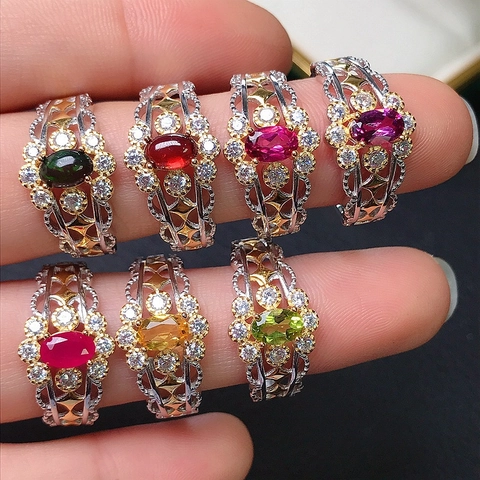 Natürlicher Edelstein 925 Sterlingsilber Blumenring Vintage Hohl Zweifarbig Besetzter Verstellbarer Fingerring Schmuck Damen