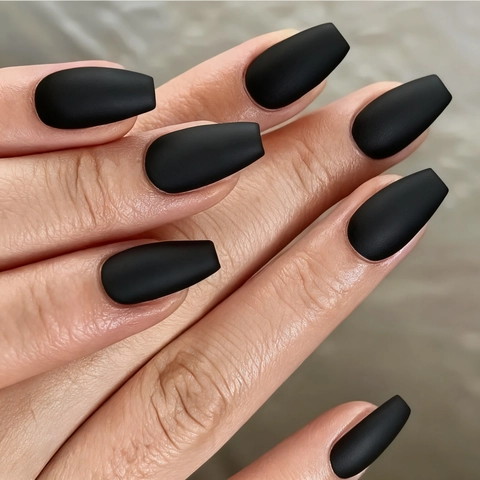 Matte Schwarze Kunstnägel Sarg Ballerina Form ABS Full Cover Lange Falsche Nägel Elegant Einfarbig
