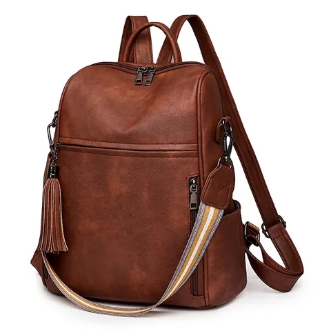 Vintage PU Leather Backpack For Women Large Capacity Multi Functional Shoulder Bag With Tassel And Rainbow Striped Strap