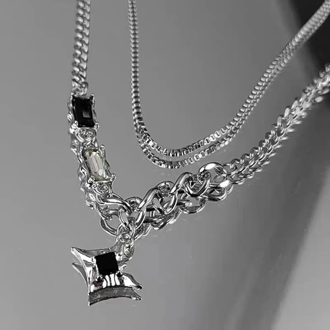 Double Layer Star Pendant Necklace Stainless Steel Black Clear Gemstones Hip Hop Punk Streetwear Unisex Jewelry