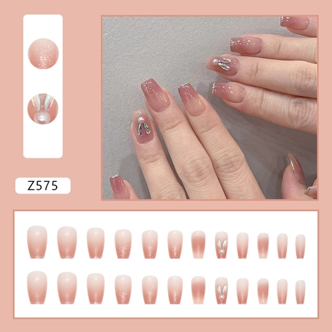 Uñas Postizas Presionables Degradado Rosa Borde Brillante Conejo 3D Perla Artificial Diamante Dulces Lindas