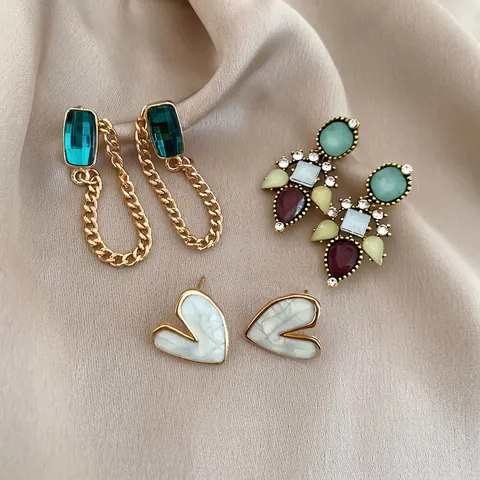 Orecchini Cuore Bohemien Zircone Colorato Resina Smeraldo Pietra Rettangolare Catena Nappa Con Perno Argento 925