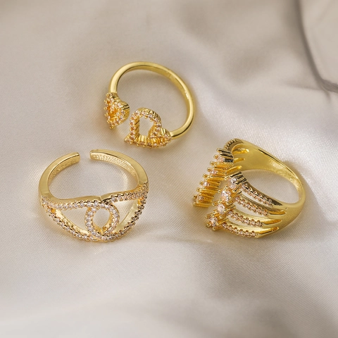 Kupfer Vergoldete Offene Ringe Für Frauen Zirkon Hohlherz Geometrisch Unregelmäßig Verstellbar Modeschmuck