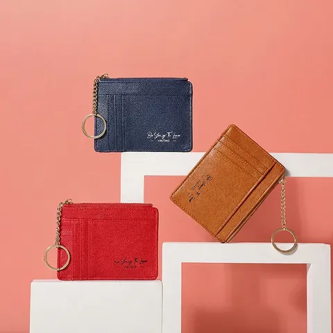 Women Mini Card Holder PU Leather Zipper Coin Purse With Keychain Multi Slot Slim Solid Color Portable Wallet