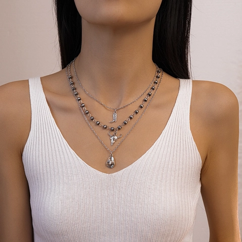 Layered Necklace Alloy Antique Silver Bull Skull Cowboy Hat Western Boot Charms Vintage Bohemian Jewelry For Women