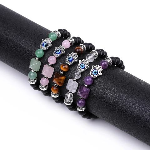 Hamsa Hand Böser Blick Perlenarmband Amethyst Achat Naturstein Pyramide Charm Armband Ethno Yoga Schmuck Für Damen