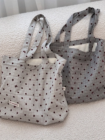 Canvas Tote Bag Dames Grote Capaciteit Polka Dot Boog Plaid Schoudertas Voor Dagelijks Woon-Werkverkeer Casual Stijl