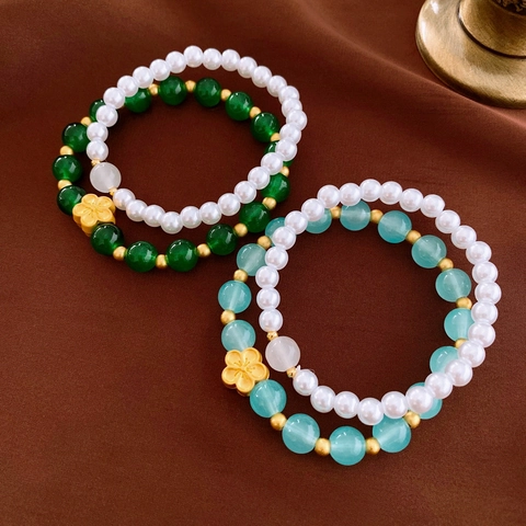 Eleganter Blumenanhänger Künstliche Perlenarmband Glasperlen Imitationsperle Retro Elastischer Handschmuck Für Frauen Mädchen