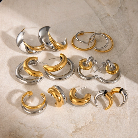 Two-Tone Hoop Stud Earrings Stainless Steel Geometric C-Shape Twisted Minimalist Waterproof Hypoallergenic Jewelry For Women