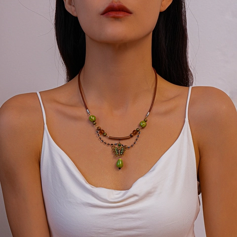 Collier Papillon Goutte Vintage Cuivre Céramique Corde Cuir Strass Bohème Chaîne Clavicule Pour Femmes Bijoux