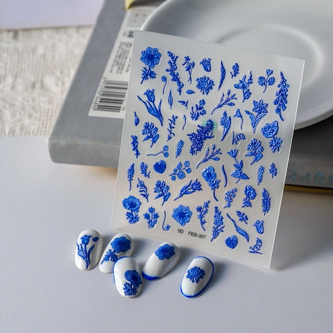 Adesivi Per Nail Art 5D Rilievo Blu Klein Floreale Fiore Autoadesivi Decalcomanie Per Decorazione Manicure Donne