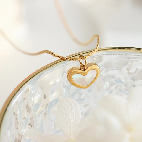 Collana Bracciale Orecchini Pendente Cuore Acciaio Al Titanio Madreperla Bianca Placcato Oro Gioielli Eleganti Donna