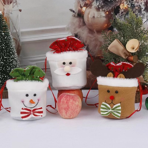 Christmas Drawstring Gift Bags Plush Cloth Santa Snowman Reindeer Holiday Candy Pouch Party Decoration Handheld