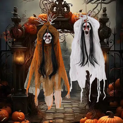 Halloween Hanging Ghost Decoration Scary Blood Stained Skeleton With Long Hair Bendable Hands Horror Haunted House Decor